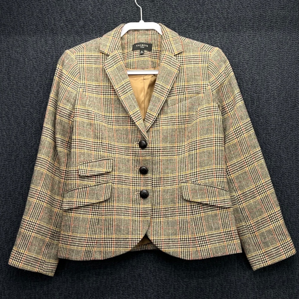 Talbots Petites Wool Blend Glen Plaid Blazer Elbow Patches Multi Color 8P